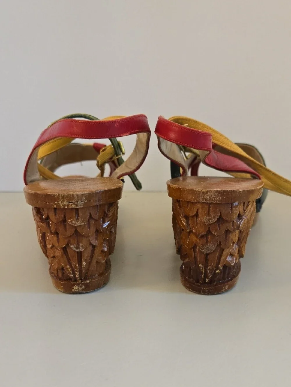Vintage Hand Carved Wooden Wedge Sandals, Yellow Red Green Leather Straps Sz 7